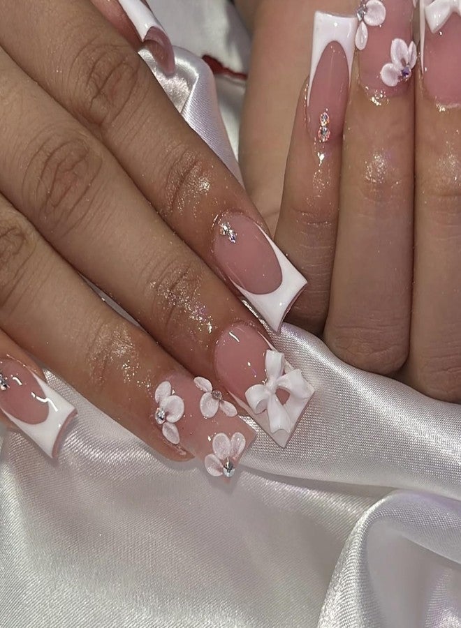 BSBTBZ 24pcs French Tip Press on Nails Medium Length Fake Nails Flower with 3D Flower Bow Charms Acrylic Nails Press ons Design Glossy Pink False Nails Cute Stick on Nails for Women Manicure Tips - Image 1